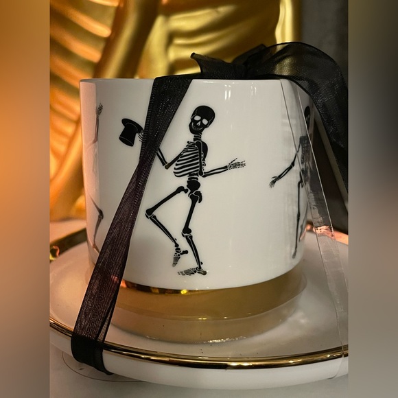 ELEGANCE Skeletons Cup And Saucer Set Black And White W/Gold Trim 🖤💛💀💛🖤 - Picture 4 of 7